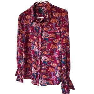 Maeve Anthropologie Sz 8 Button Up Blouse Peacock Birds Pink Trees Ruffle